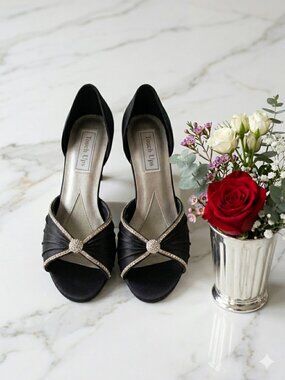 Vintage Y2K  Touch Ups Black Satin D’Orsay Crystal Kitten Heels Leather Sole 8M